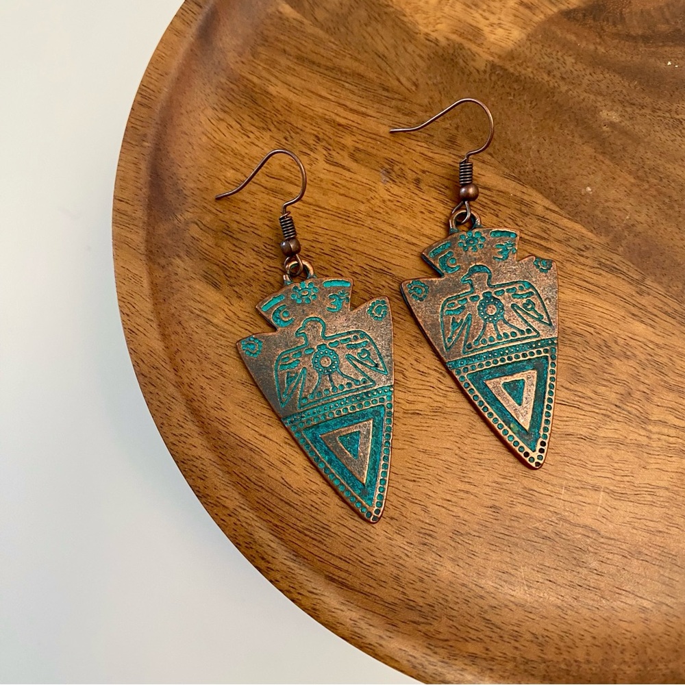 3/$20 Teal Bronze Patina Arrow Eagle Bird Drop Earrings